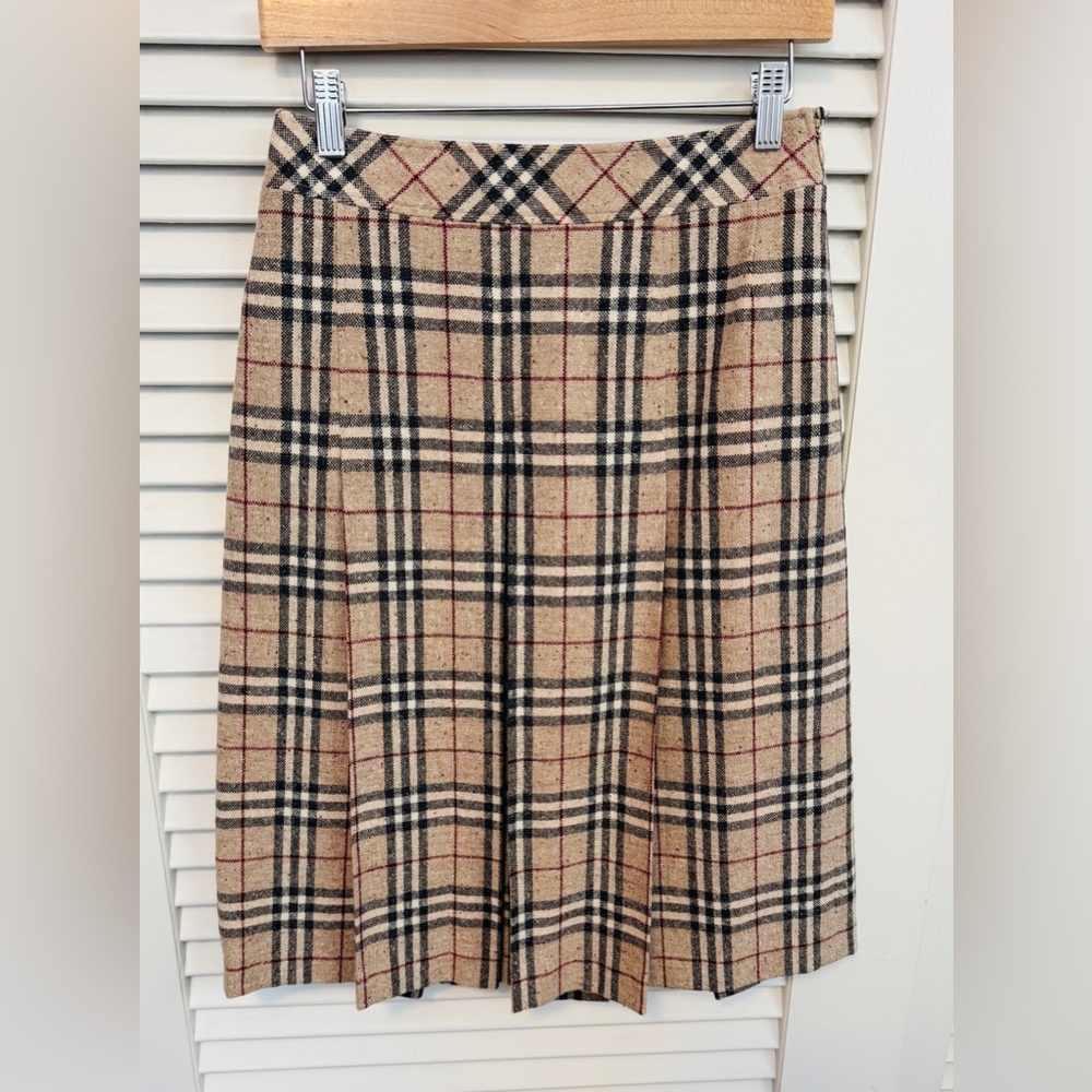 Burberry Nova Check Midi Pleated Skirt Size S Cashmere Blend